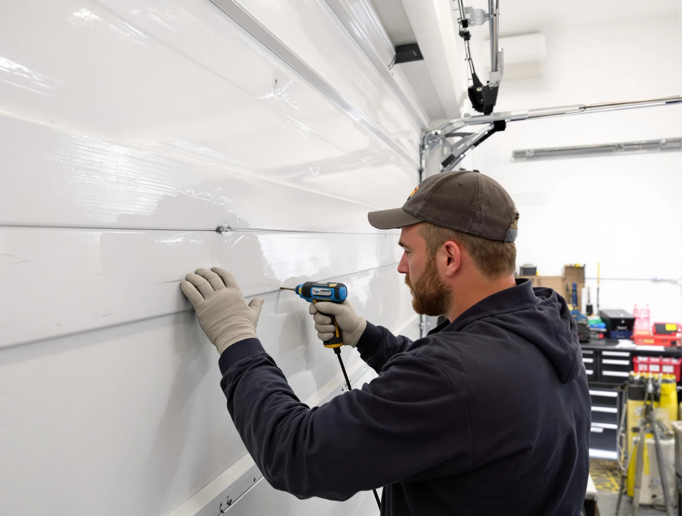 Chandler Garage Door Repair technician demonstrating precision dent removal techniques on a Chandler garage door